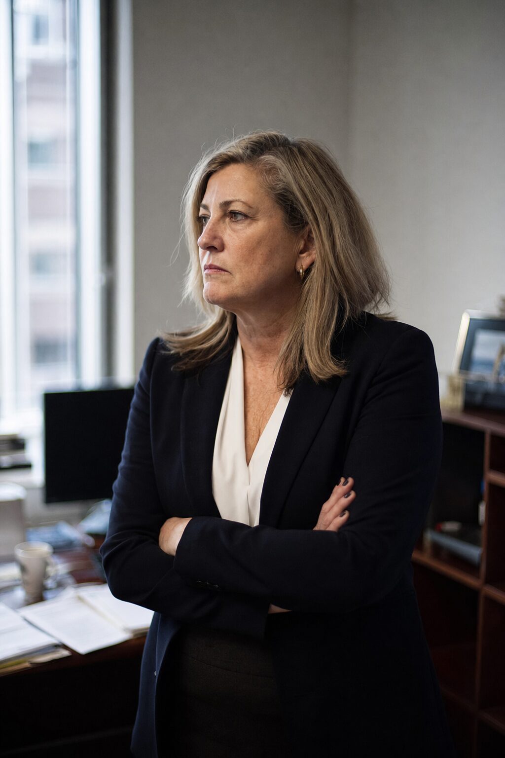 A benefits executive reviewing plan costs, serious and unsmiling