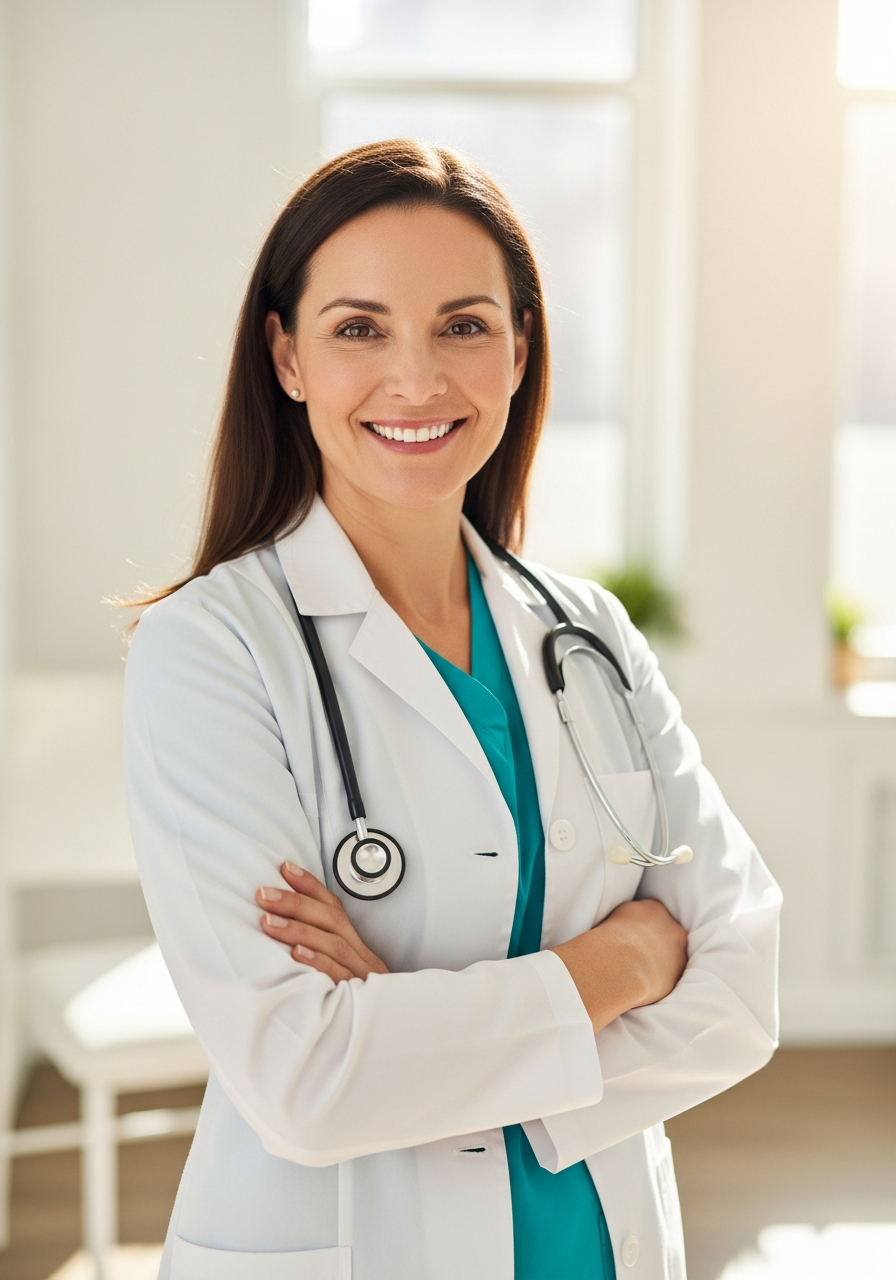 Smiling female physician with a stethoscope in a bright modern clinic