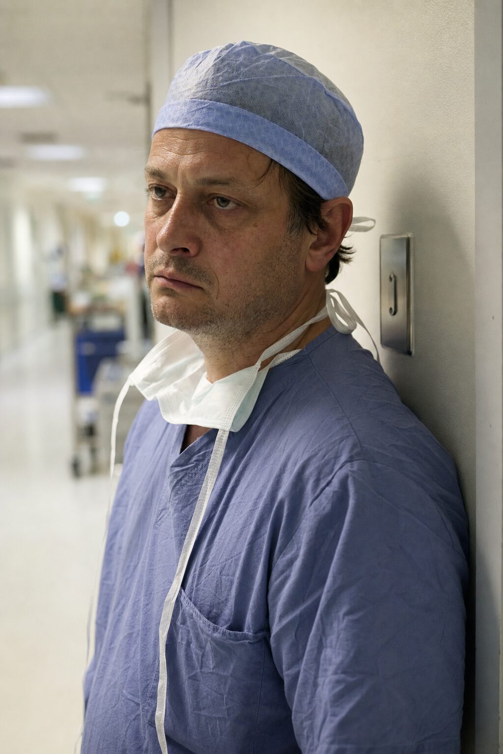 A surgeon in a mask between cases, focused and worn down