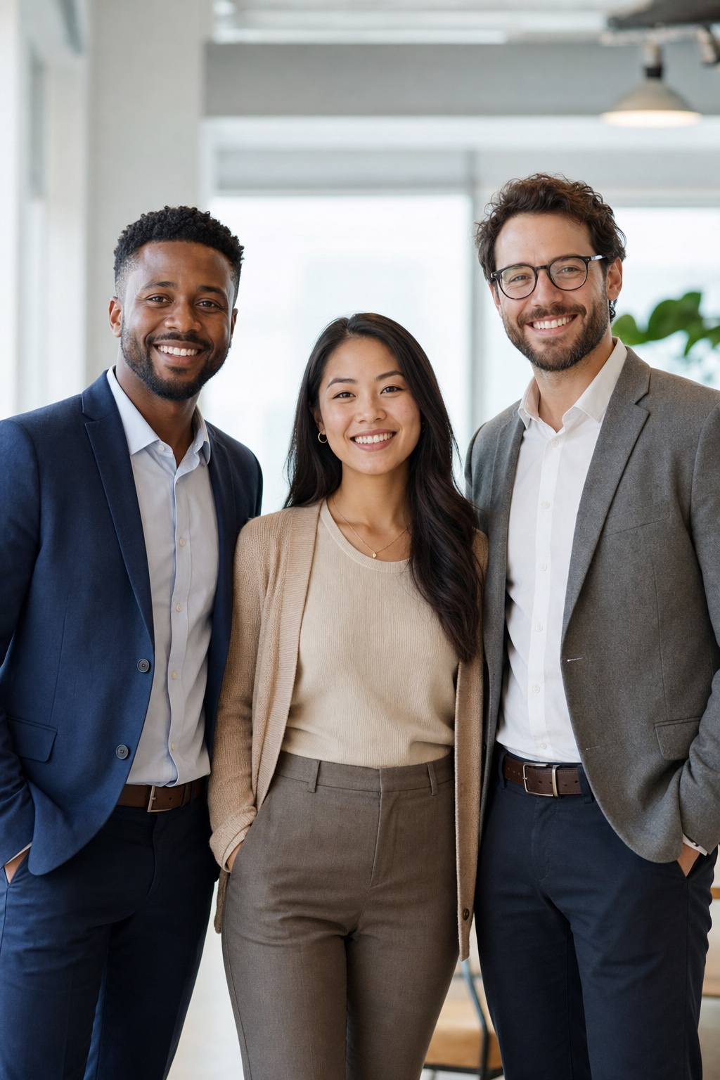 Diverse team of professional employees smiling together in a bright workplace