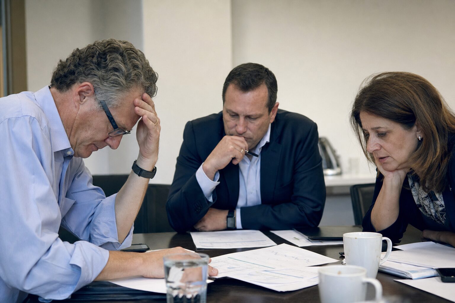 A benefits team working through plan options, serious and focused